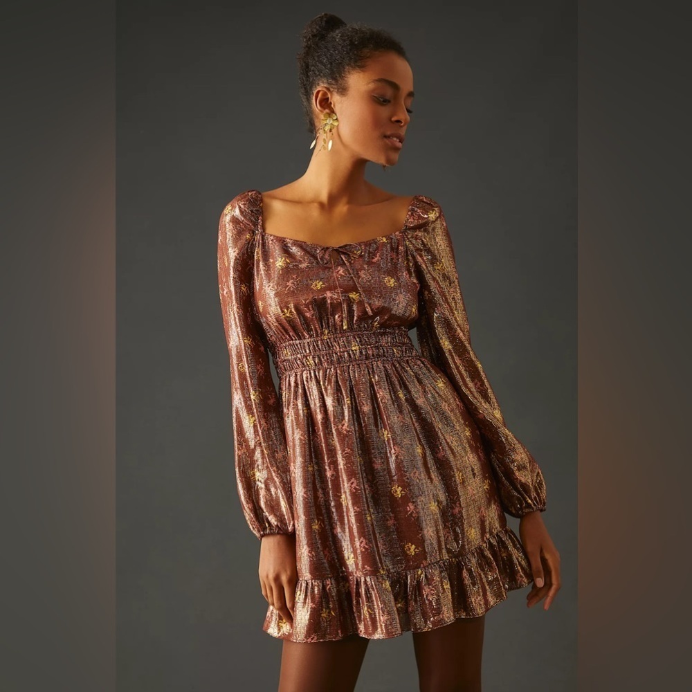 NWT PAIGE Noah Floral Bronze Metallic Mini A-Line Dress Sz. SMALL